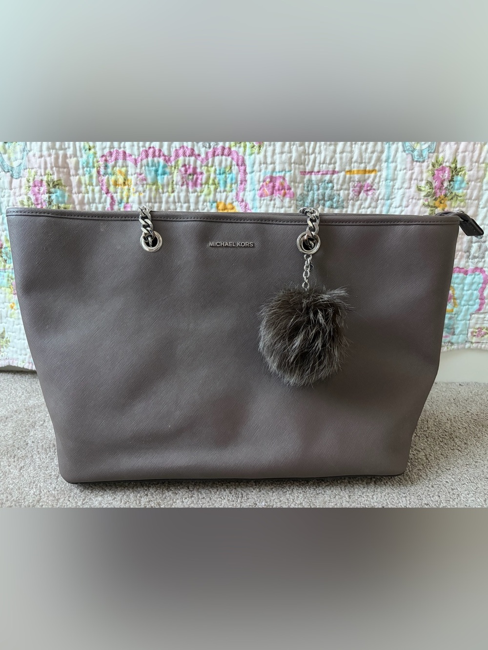 Michael Kors Taupe Leather Tote with Fur Pom Charm